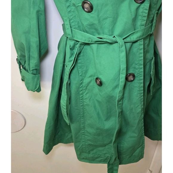 Old Navy Kelly Green Trench Coat Jacket Women Medium Belted Double Breasted - Picture 2 of 8